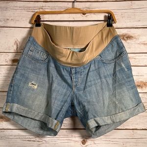Old Navy Maternity “Hello Pretty Mama” Denim Shorts w Tan Stretch Waist Size 12